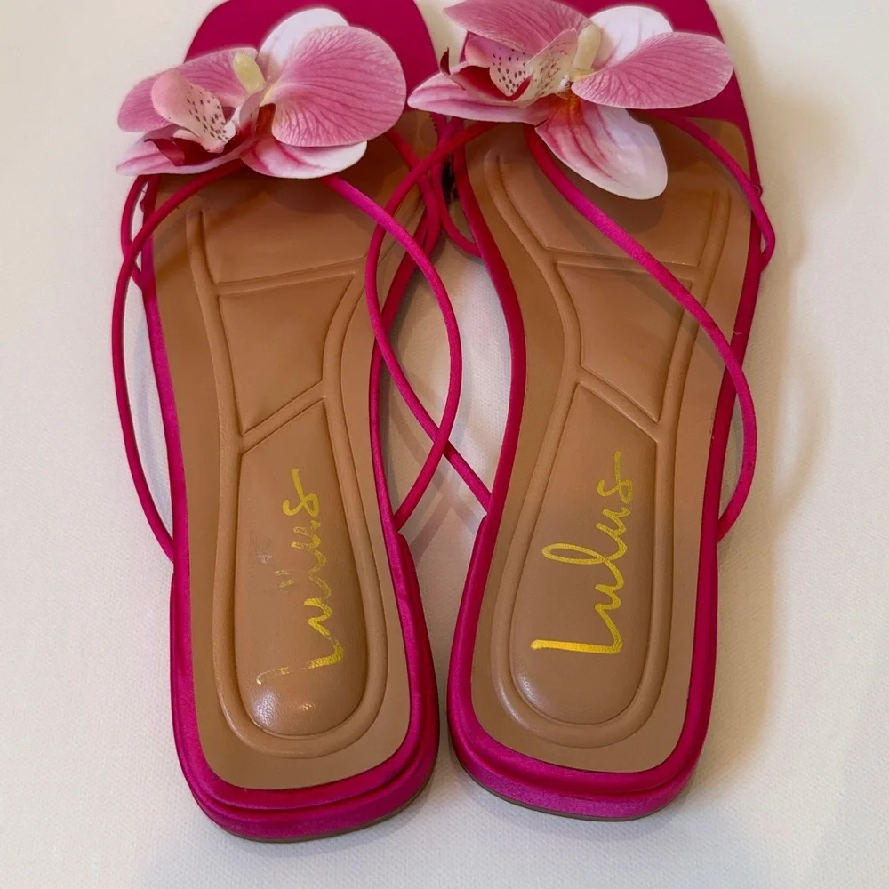 Lulus Pink Satin Orchid Sandals Size 8 Strappy Floral Slide - Picture 5 of 6